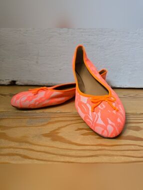 J.Crew Neon Coral Lace Ballet Flats Size 8